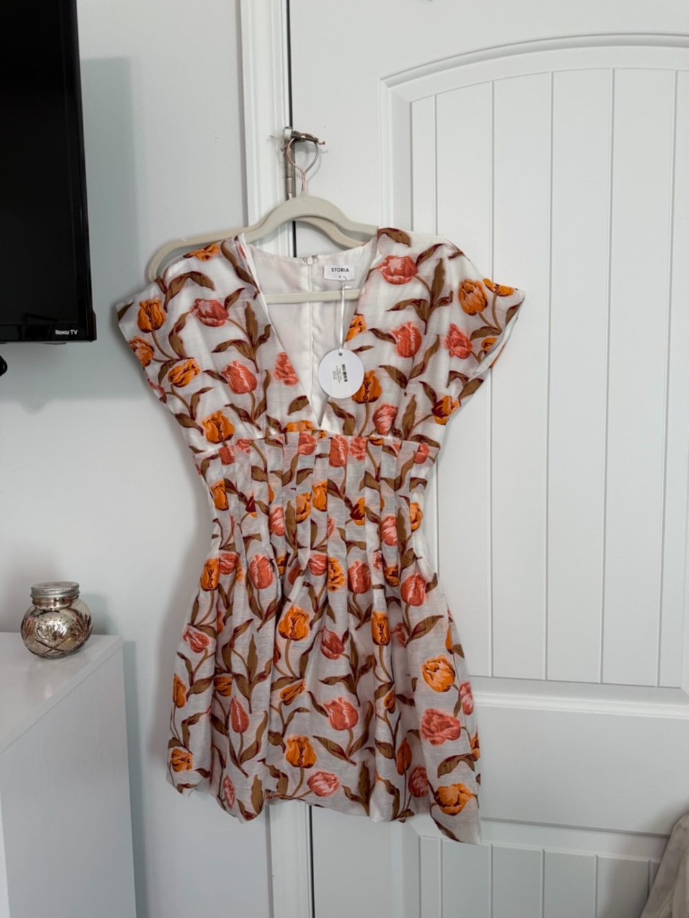 Floral V-Neck Mini Dress with Smocked Waist - White with Orange & Coral Tulips